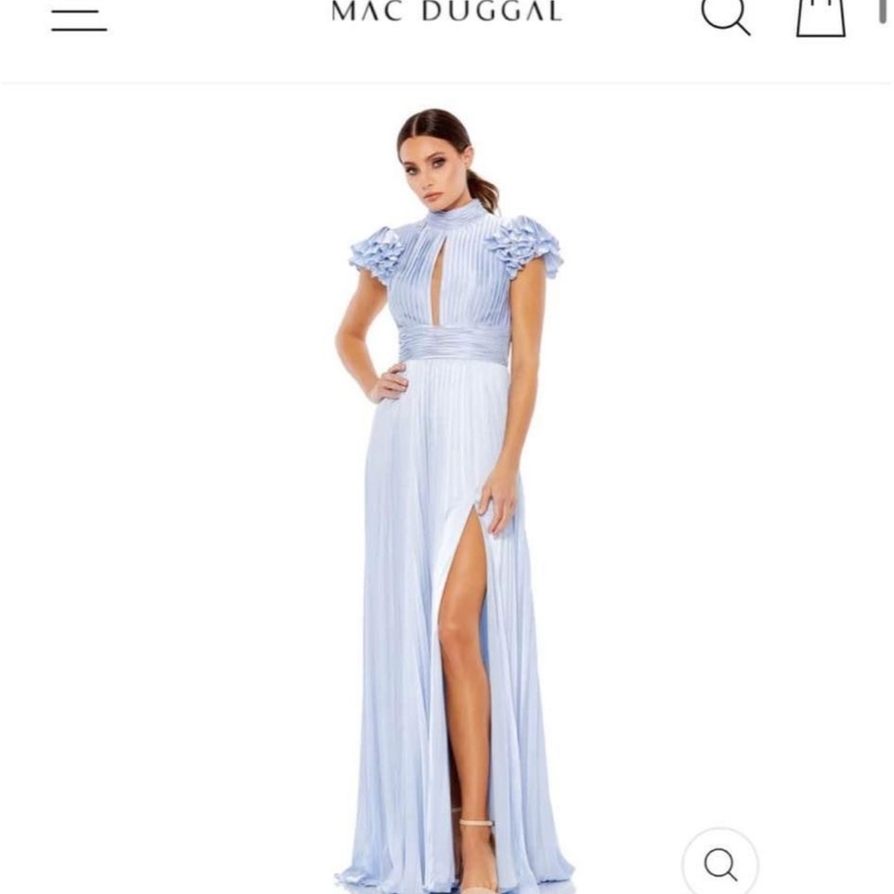 Mac Duggal High Neck Ruffle Sleeve Pleated Keyhole Gown